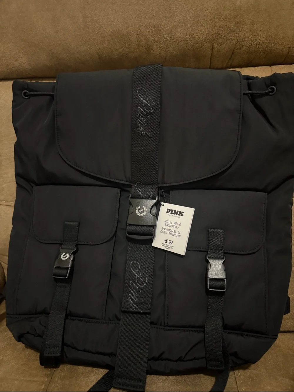 PINK by VS Black Nylon Backpack with Front Pockets